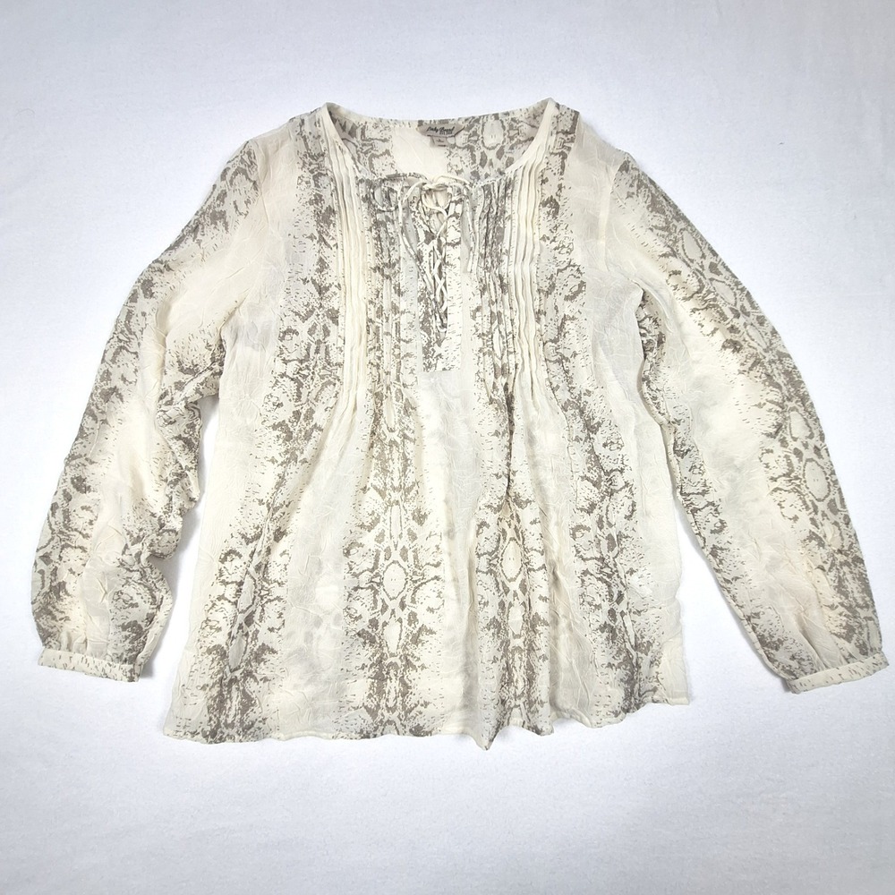 Lucky Brand Peasant Blouse Womens Large Cream Snakeskin Lace Up Boho 7W43793